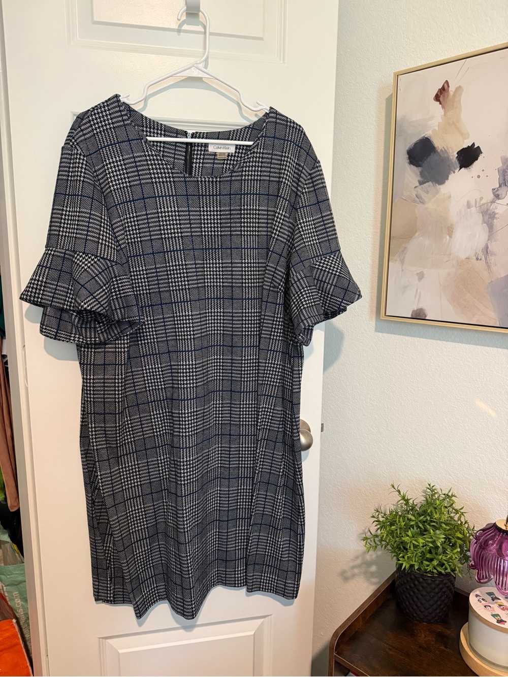 Calvin Klein Houndstooth Knee Length Shift Dress Flutter Sleeve Plaid Size 20